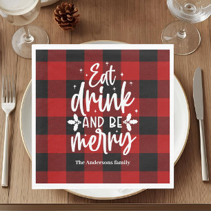 Eat Drink & Be Merry Red Buffalo Plaid Christmas Napkin