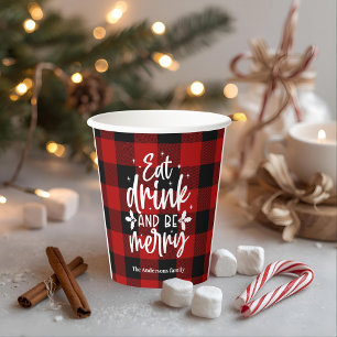 Eat Drink & Be Merry Red Buffalo Plaid Paper Cups
