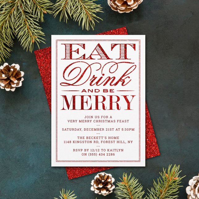 Eat, Drink & Be Merry Red Glitter Christmas Invitation (Creator Uploaded)