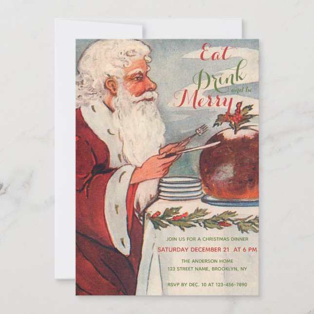 Eat Drink & Be Merry Santa Christmas Pudding Party Invitation (Front)