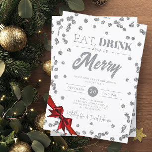 Eat, Drink Be Merry Silver Glitter Xmas Ribbon  Invitation