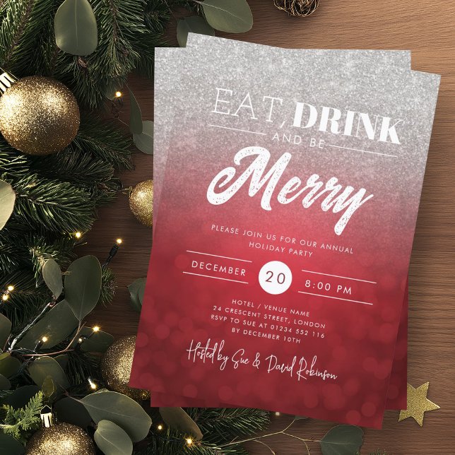 Eat, Drink Be Merry Silver Red Bokeh Holiday Xmas  Invitation (Creator Uploaded)