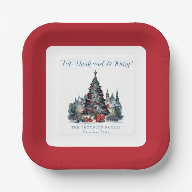 Eat Drink Be Merry Traditional Scene Christmas Paper Plate (Front)