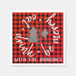 Eat Drink Be Merry Tree Grey Snowman Buffalo Wood Napkin