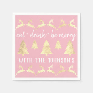 Eat Drink Be Merry White Gold Reindeers Pink White Napkin