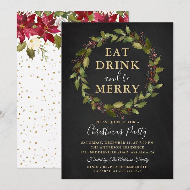 Eat Drink Be Merry Wreath Christmas Holiday Party Invitation (Front/Back)