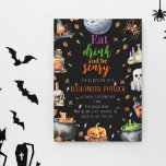 Eat Drink & Be Scary Halloween Potluck Party<br><div class="desc">Eat Drink & Be Scary Halloween Potluck Party Invitation. Modern Halloween-themed design for a spooktacular party! This invitation features a spider, a ghost, a wizard hat, a pumpkin, magic potions, a moon, skull with a candle, and a two witch's potion cauldron. A gender-neutral design, perfect for October celebrations! This halloween...</div>