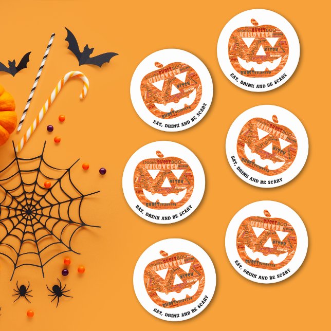 Eat Drink Be Scary Halloween Pumpkin Word Cloud Round Paper Coaster (Creator Uploaded)