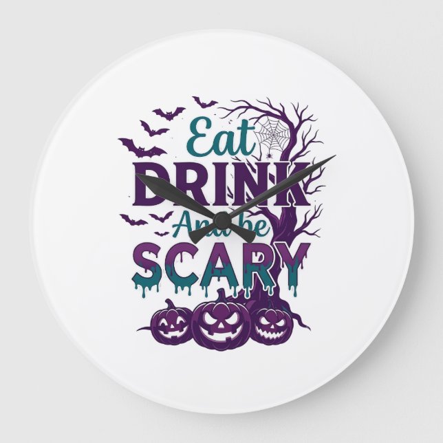 Eat Drink Be Scary Halloween Spooky Tree Pumpkins_ Large Clock (Front)