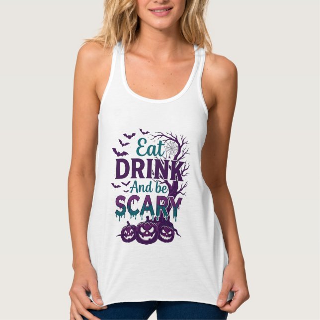 Eat Drink Be Scary Halloween Spooky Tree Pumpkins_ Singlet (Front)