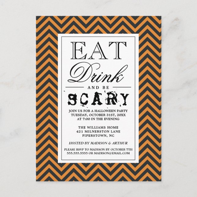 Eat Drink & Be Scary | Happy Halloween Party Invitation Postcard (Front)