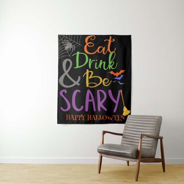 Eat Drink & Be Scary Night Spiders Bats Halloween Tapestry (In Situ)