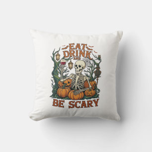 Eat Drink Be Scary Skeleton Halloween Pumpkins_1 Cushion