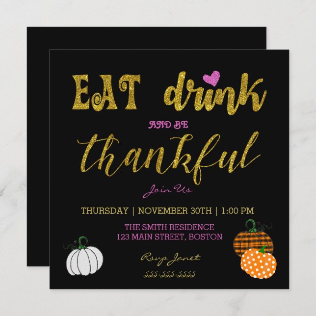Eat Drink & Be Thankful Thanksgiving Dinner Party Invitation (Front/Back)