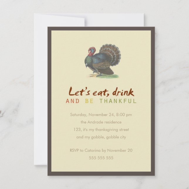 Eat Drink Be Thankful Vintage Thanksgiving Turkey Invitation (Front)