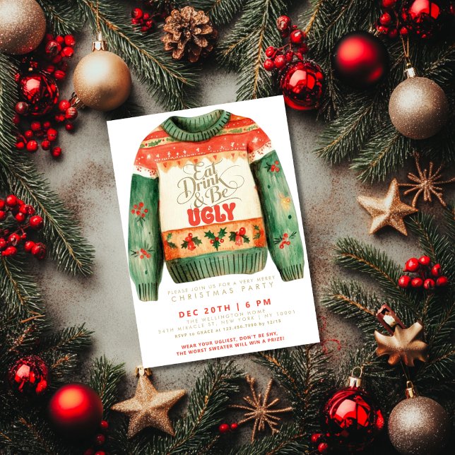 Eat Drink & Be Ugly Sweater Christmas Party Invitation (Creator Uploaded)