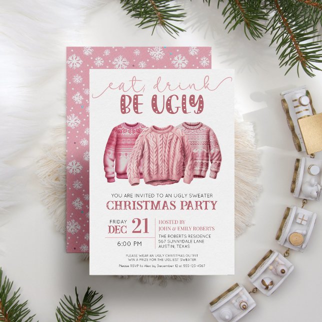 Eat Drink Be Ugly Sweater Pink Christmas Party  Invitation (Creator Uploaded)