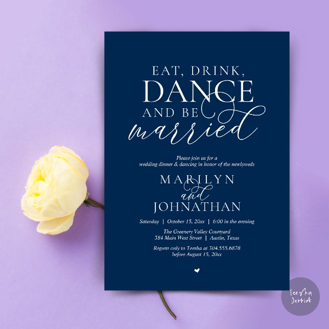 Eat, Drink, Dance, Be Married, Wedding Elopement Invitation (Eat, Drink, Dance, Be Married, Wedding Elopement Dinner Party Invitation Card in navy blue)