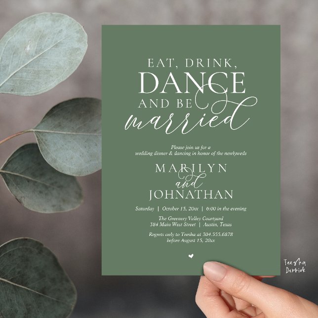 Eat, Drink, Dance, Be Married, Wedding Elopement Invitation (Eat, Drink, Dance, Be Married, Wedding Elopement Dinner Party Invitation Card in sage green)