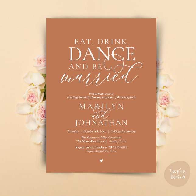 Eat, Drink, Dance, Be Married, Wedding Elopement Invitation (Eat, Drink, Dance, Be Married, Wedding Elopement Dinner Party Invitation Card in copper terracotta)