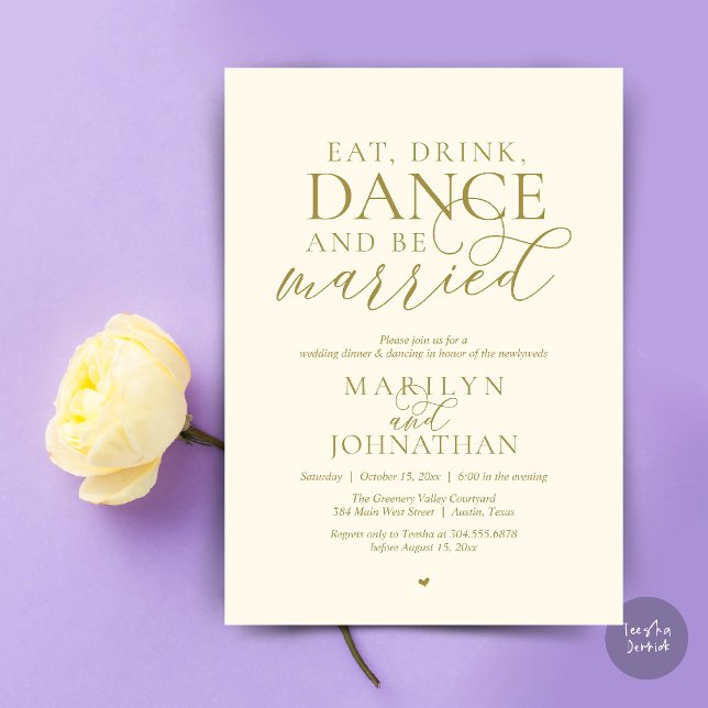 Eat, Drink, Dance, Be Married, Wedding Elopement Invitation (Eat, Drink, Dance, Be Married, Wedding Elopement Dinner Party Invitation Card in gold yellow cream)