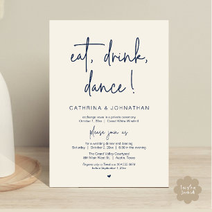Eat, Drink, Dance, Elegant Navy Blue Elopement Invitation