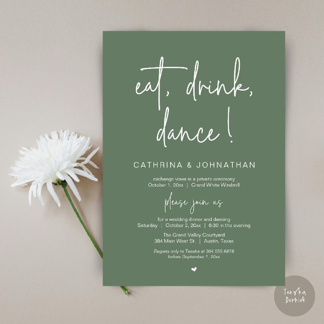 Eat, Drink, Dance, Elegant Sage Green Reception Invitation (Eat, Drink, Dance Elegant Wedding Elopement Dinner Invitation Card in Sage Green)