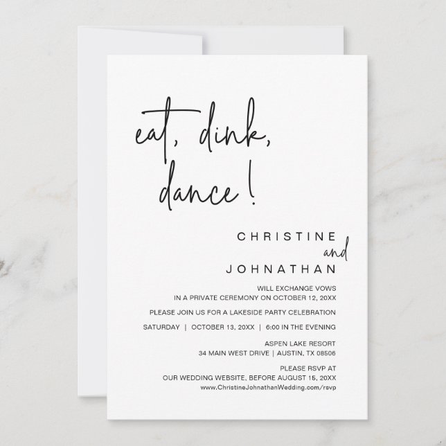 Eat, Drink, Dance, Wedding Elopement Celebration I Invitation (Front)