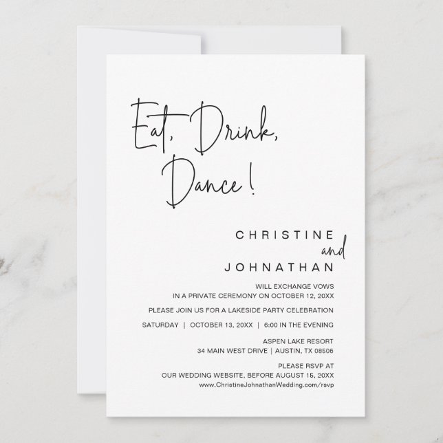 Eat, Drink, Dance, Wedding Elopement Celebration Invitation (Front)