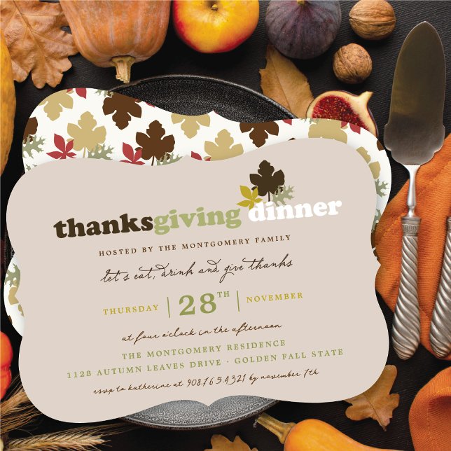 Eat Drink & Give Thanks Leaves Thanksgiving Dinner Invitation (Eat, Drink & Give Thanks Autumn/Fall Leaves Thanksgiving Dinner Invitation @ fat_fa_tin)