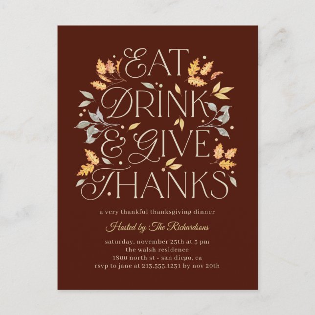 Eat Drink Give Thanks Thanksgiving Dinner Party Postcard (Front)