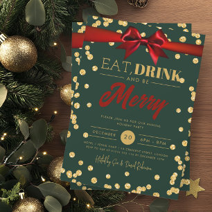 Eat Drink Gold Green Glitter Holiday Xmas Bow Invitation