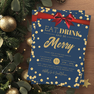 Eat Drink Gold Navy Glitter Holiday Xmas Bow Invitation