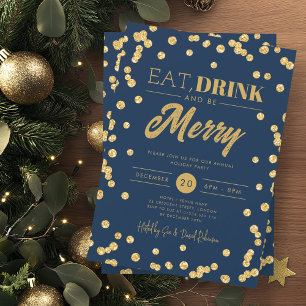 Eat Drink Gold Navy Glitter Holiday Xmas Invitation