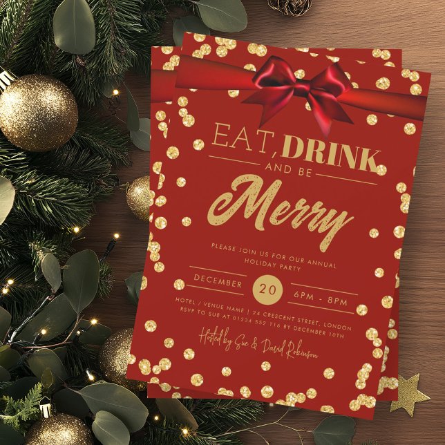 Eat Drink Gold Red Glitter Holiday Xmas Bow Invitation (Creator Uploaded)