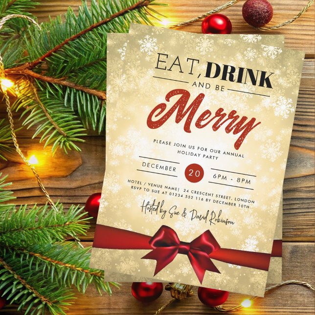Eat, Drink Gold Winter Wonderland Holiday Xmas Bow Invitation (Creator Uploaded)