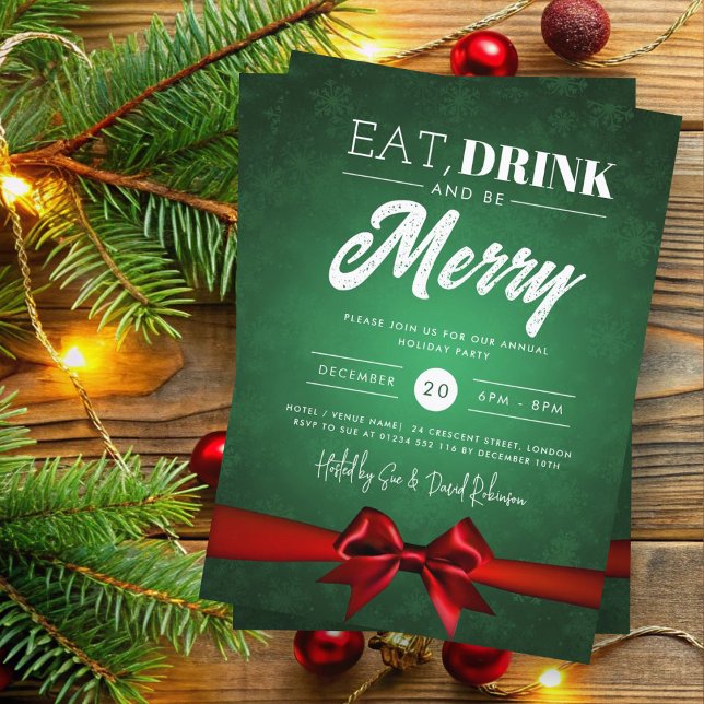 Eat, Drink Green Winter Wonderland Holiday Bow Invitation (Creator Uploaded)