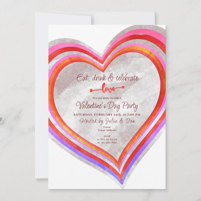 Eat Drink & Love Hearts Watercolor Valentine Party Invitation (Front)