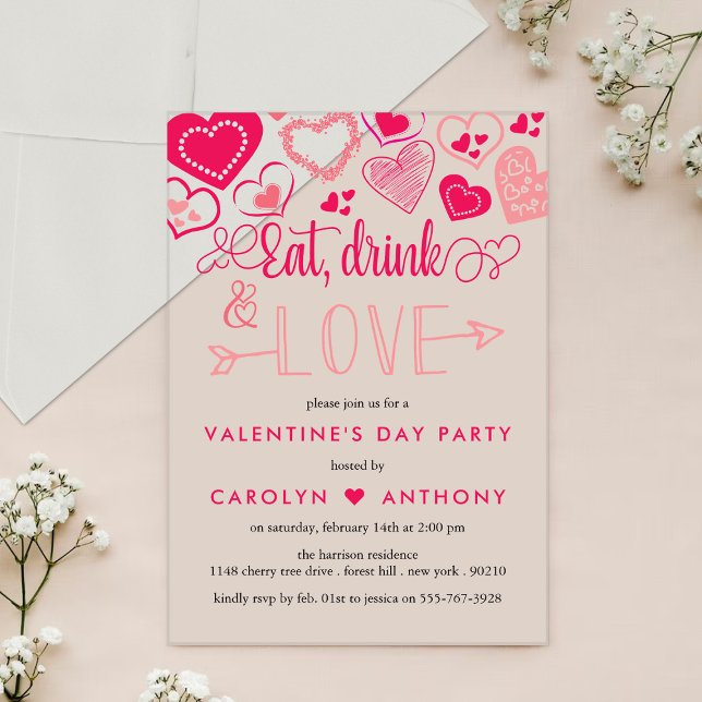 "Eat, Drink & Love" Valentine's Day Party Acrylic Invitations (Creator Uploaded)