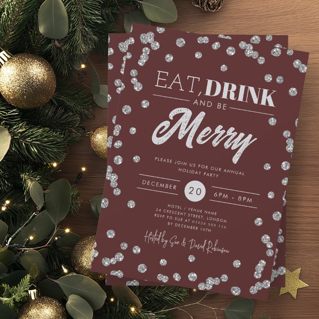 Eat Drink Merry Silver Burgundy Glitter Holiday  Invitation (Creator Uploaded)