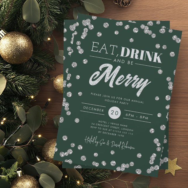 Eat Drink Merry Silver Green Glitter Holiday  Invitation (Creator Uploaded)