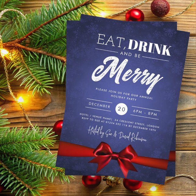 Eat, Drink Navy Winter Wonderland Holiday Bow Invitation (Creator Uploaded)