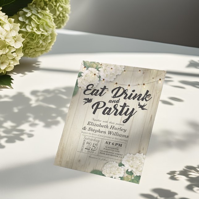 EAT Drink & Party Wedding Flower Wood String Light Invitation (Creator Uploaded)