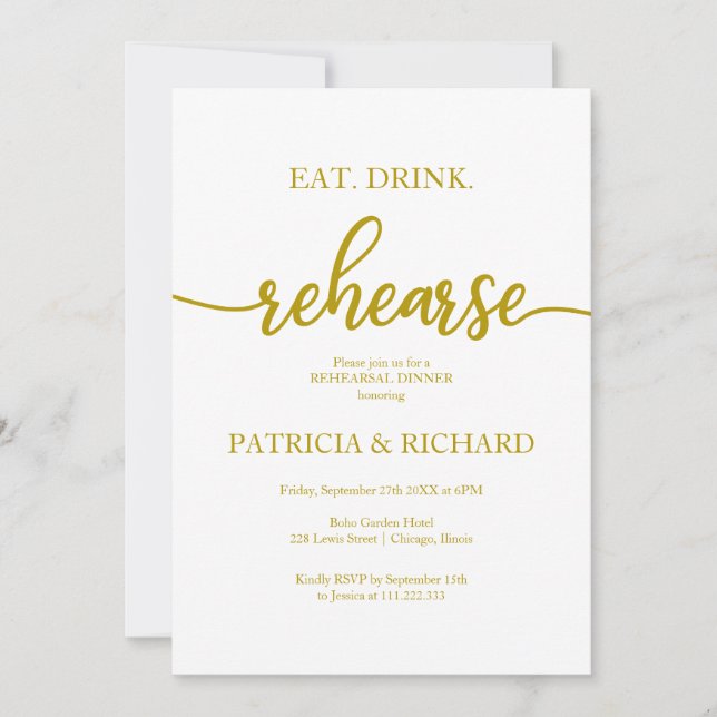 Eat Drink Rehearse Gold Elegant Rehearsal Dinner Invitation (Front)