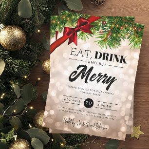 Eat Drink Rose Gold Pine Lights Holiday Xmas Invitation