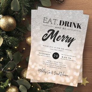 Eat Drink Silver Copper Bokeh Holiday Xmas Party Invitation