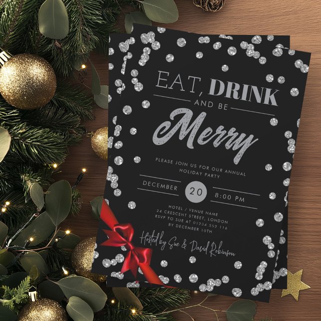 Eat, Drink Silver Glitter Xmas Ribbon Black Invitation (Creator Uploaded)