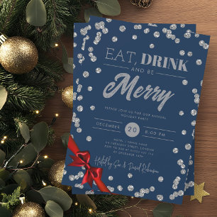 Eat, Drink Silver Glitter Xmas Ribbon Navy Invitation