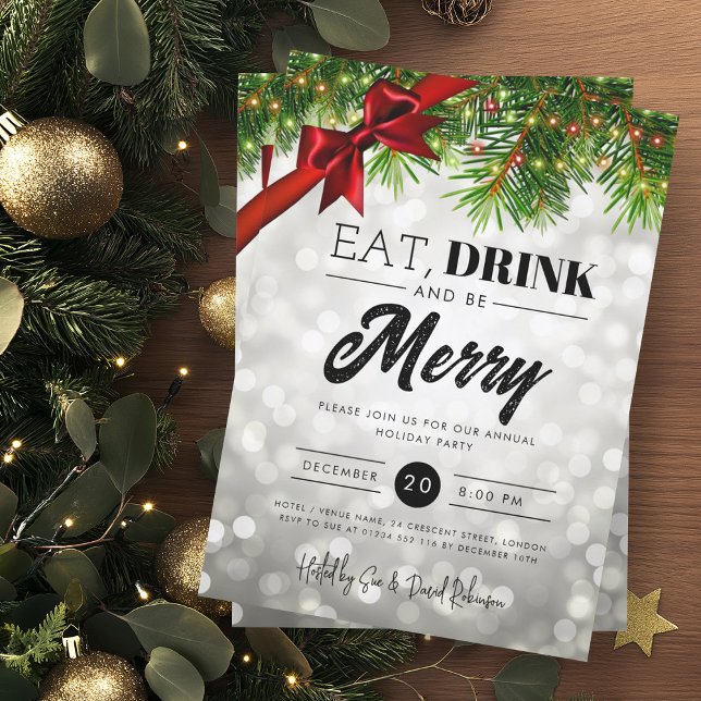 Eat Drink Silver Pine Lights Holiday Xmas  Invitation (Creator Uploaded)