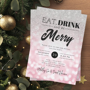 Eat Drink Silver Rose Gold Bokeh Holiday Xmas  Invitation